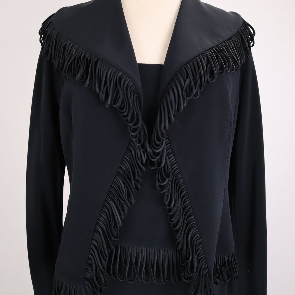 ❄️ Vtg 80's Gilar Evening Jet Black Fringe 3 Piece Suit Top Jacket Pants 6P